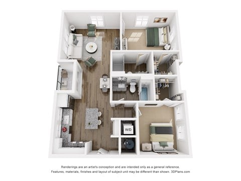 Floor plan for 2 beds, 2 baths, 1028 sqft